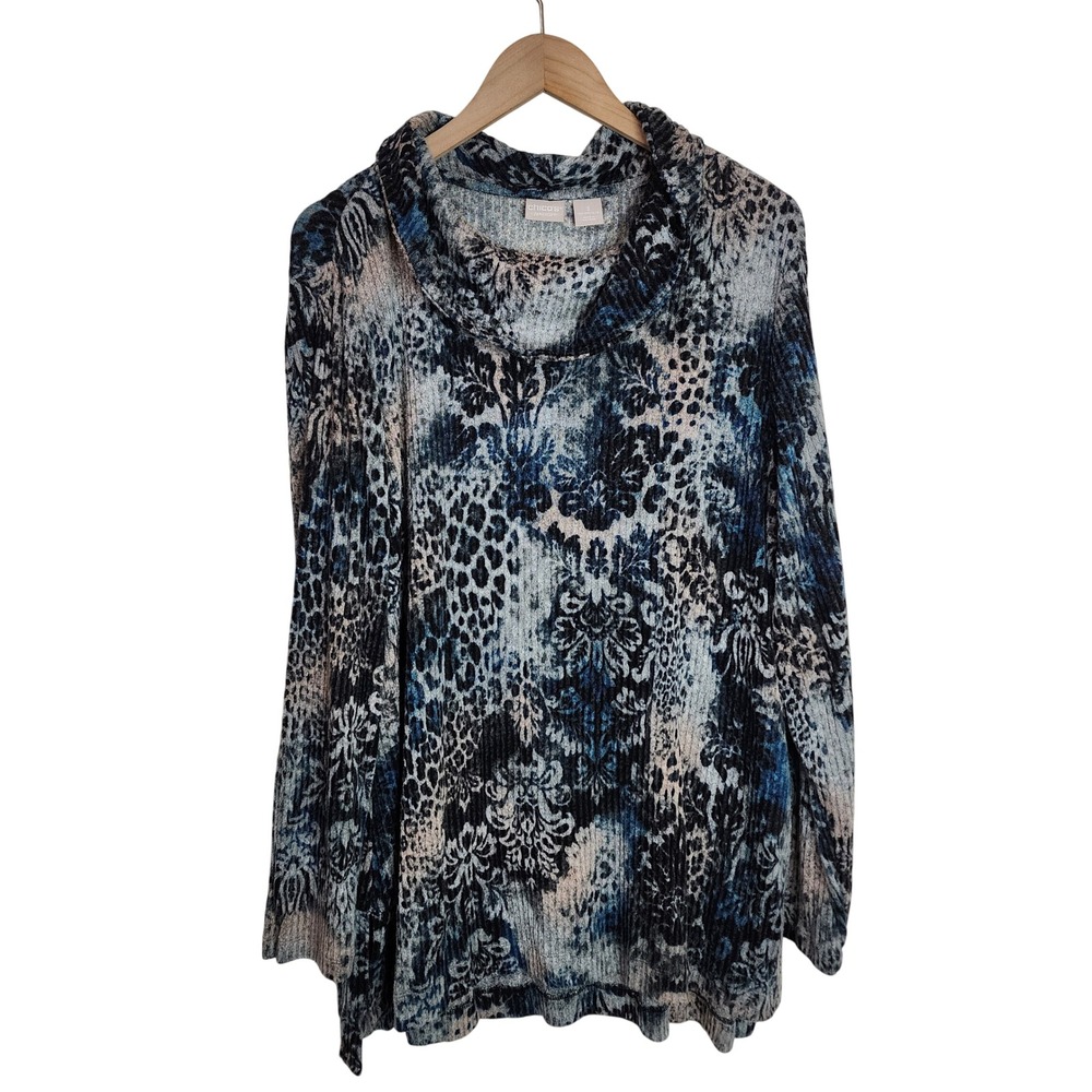 Chico's Tunic Top Women's 3 (XL) Cowl Neck Floral Ribbed Textured Long Sleeve